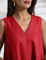 Women's Red Cotton Blend Short Dress