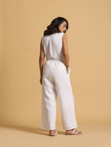 Women's White Cotton Blend Elasticated Drawstring Straight Pants