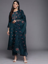 Women's Blue Floral Embroidered Mirror Work Chanderi Silk Kurta With Trousers & With Dupatta