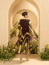 Women's Brown Tropical Print Chiffon Midi Dress