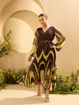 Women's Brown Tropical Print Chiffon Midi Dress