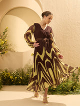 Women's Brown Tropical Print Chiffon Midi Dress