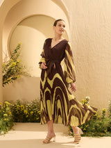 Women's Brown Tropical Print Chiffon Midi Dress