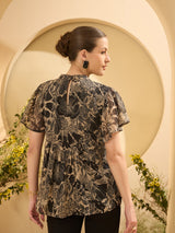 Women's Black Floral Emboride Kimono Sleeve Top