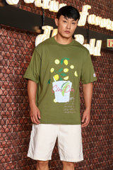 Unisex Olive Oversized Drop Shoulder Fit Tshirt with Lemon Cup Print