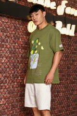 Unisex Olive Oversized Drop Shoulder Fit Tshirt with Lemon Cup Print