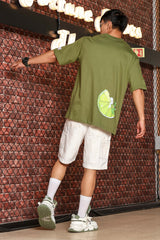 Unisex Olive Oversized Drop Shoulder Fit Tshirt with Lemon Cup Print