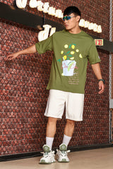 Unisex Olive Oversized Drop Shoulder Fit Tshirt with Lemon Cup Print