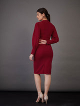 Women's Red Puff Sleeves Bodycon Midi Dress