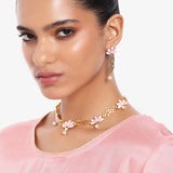 Gold Plated Gorgeous Lotus Designer Pearl Drop Necklace Set with Pink Enamel for Girls and Women