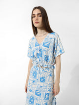 Women's Blue Woven Casual Printed Cropped Half Sleeves Top