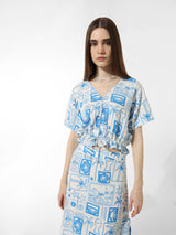 Women's Blue Woven Casual Printed Cropped Half Sleeves Top