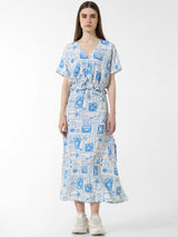 Women's Blue Woven Casual Printed Cropped Half Sleeves Top