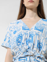 Women's Blue Woven Casual Printed Cropped Half Sleeves Top