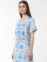 Women's Blue Woven Casual Printed Cropped Half Sleeves Top