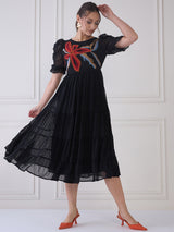 Women's Black Embroide Round Neck Puff Sleeve Tie Fit & Flare Midi Dress