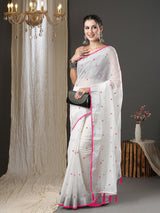 Women's Cotton Silk White Embroidered Designer Saree with Blouse Piece