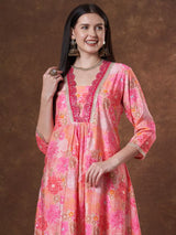 Women's Pink Abstract Floral Printed & Embroidered A-Line Co-ord Set