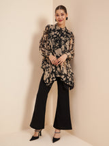 Women's Black & Beige Printed Embellished Top & Trousers