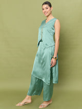 Women's Green Embellished V-Neck Top With Trousers Co-ords Set