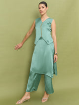 Women's Green Embellished V-Neck Top With Trousers Co-ords Set