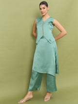 Women's Green Embellished V-Neck Top With Trousers Co-ords Set