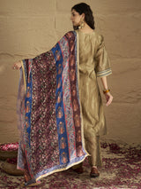 Women's Gold Ethnic Solid Ankle Length Trousers And Printed Dupatta Kurta Set