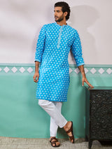 Men's Blue Silk Blend Printed Kurta With Embroidered Colllar