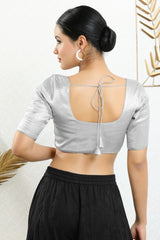 Women's Silver Shimmer Padded Front Open Elbow Sleeves Saree Blouse