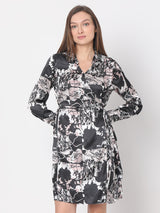 Women's Black Floral Mock Wrap Dress