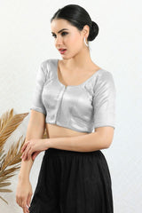 Women's Silver Shimmer Padded Front Open Elbow Sleeves Saree Blouse