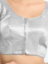 Women's Silver Shimmer Padded Front Open Elbow Sleeves Saree Blouse