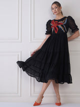 Women's Black Embroide Round Neck Puff Sleeve Tie Fit & Flare Midi Dress