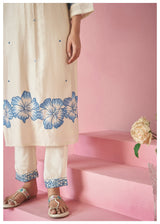 Women's Beige Fusion Regular Fit Embroidered Three Quarter Sleeves Kurtas Sets