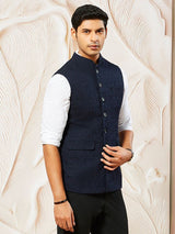 Men's Navy Suiting Fabric Embossed Work Full Sleeves Nehru Jacket