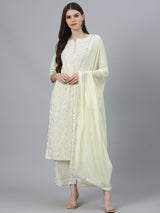 Women's Yellow Cotton Printed Kurta and Yellow Cotton Printed Palazzo with Yellow Chiffon Solid Dupatta