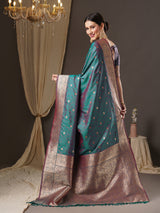 Women's Silk Blend Blue Woven Design Designer Saree with Blouse Piece