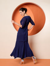 Women's Blue Embellished Chiffon Three-Quarter Sleeves Maxi Dress