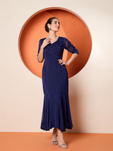 Women's Blue Embellished Chiffon Three-Quarter Sleeves Maxi Dress