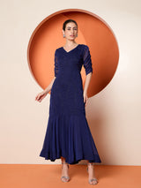 Women's Blue Embellished Chiffon Three-Quarter Sleeves Maxi Dress