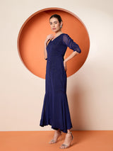 Women's Blue Embellished Chiffon Three-Quarter Sleeves Maxi Dress