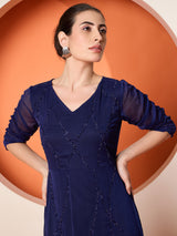 Women's Blue Embellished Chiffon Three-Quarter Sleeves Maxi Dress
