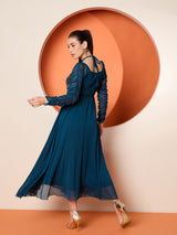 Women's Teal Halter Neck Sequined Embellished Maxi Dress