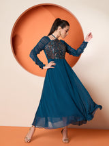 Women's Teal Halter Neck Sequined Embellished Maxi Dress