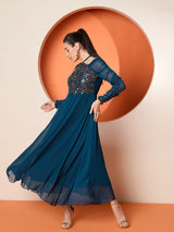 Women's Teal Halter Neck Sequined Embellished Maxi Dress