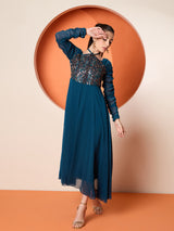 Women's Teal Halter Neck Sequined Embellished Maxi Dress