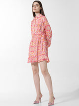 Women's Pink Woven Casual Printed Above Knee Full Sleeves Dress