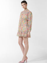Women's Pink Woven Casual Printed Above Knee Full Sleeves Dress