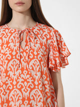 Women's Red Woven Casual Printed Regular Fit Half Sleeves Top