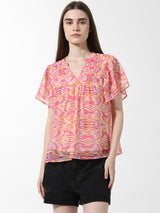 Women's Pink Woven Casual Printed Regular Fit Half Sleeves Top
